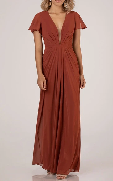 Short Cap-sleeve Plunged Chiffon Center Ruched Bridesmaid Dress