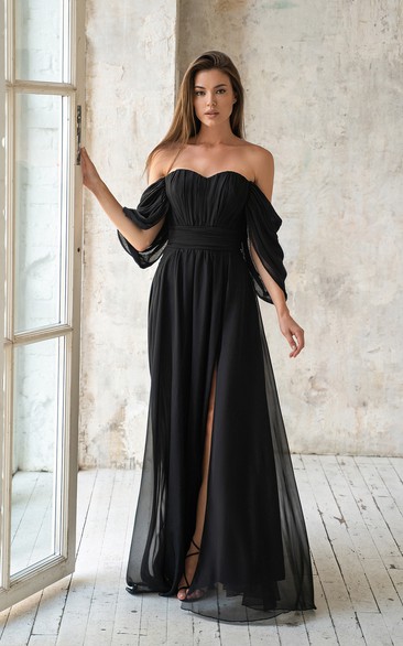 Sassy Off the Shoulder Slit-Front Ruched Bridesmaid Dress