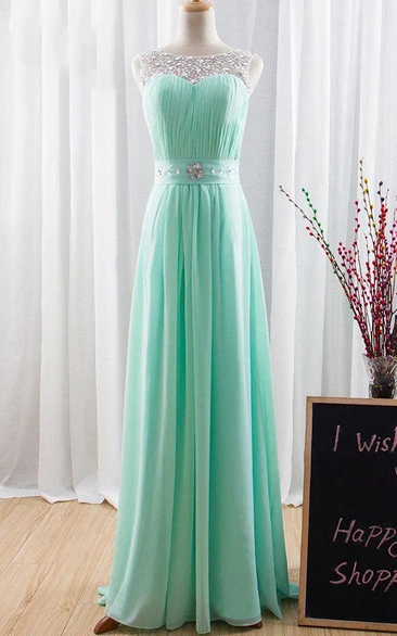 Scoop-neck Sleeveless Ruched Chiffon Dress With Beading And Corset Back