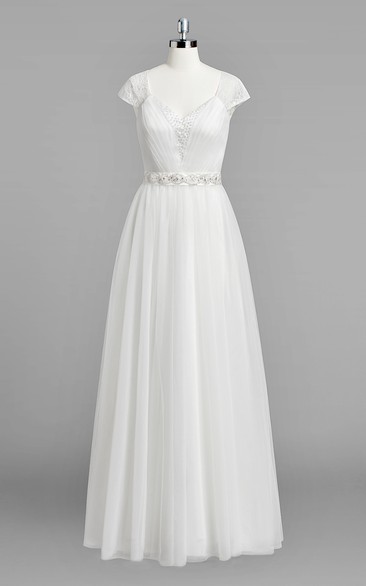A-Line Rhinestone Wedding Cap-Sleeve V-Neckline Chiffon Gown