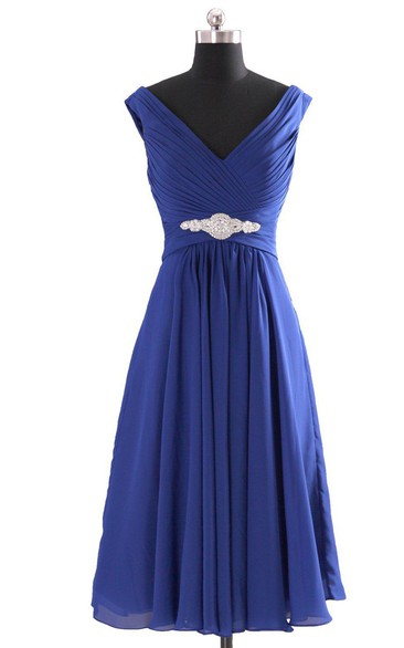 Chiffon Jewels V-Neckline Cap-Sleeved Dress