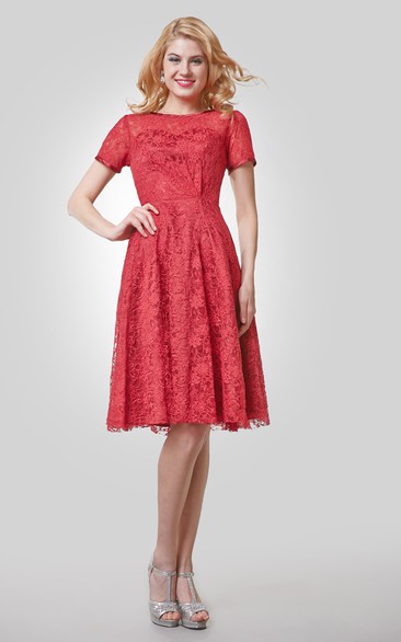 Lace Bateau Neckline Knee-Length Short-Sleeve A-Line Dress