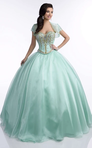 Ball Gown Caped Floor-length Dress With Beading And Corset Back