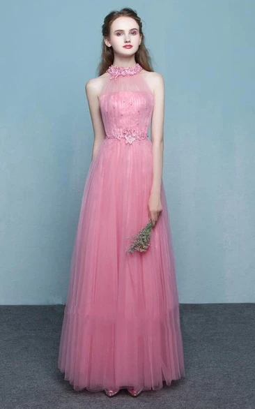 Elegant Tulle Sheath Halter Sleeveless Floor Length Dress