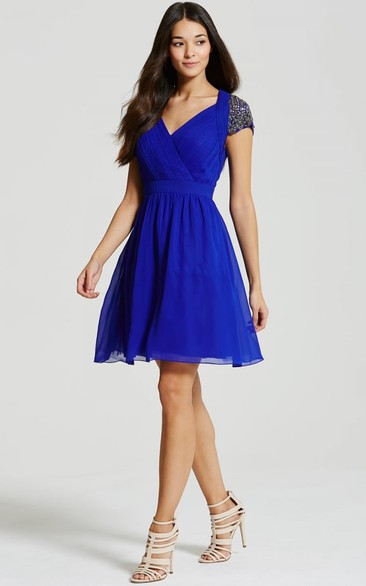 V-neck Cap-sleeve Beaded short A-line Dress With Ruching And Keyhole