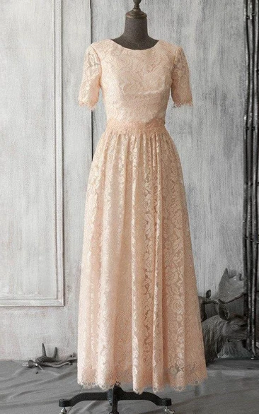 Lace Keyhole Long Short-Sleeve Scoop-Neckline Pleated Dress