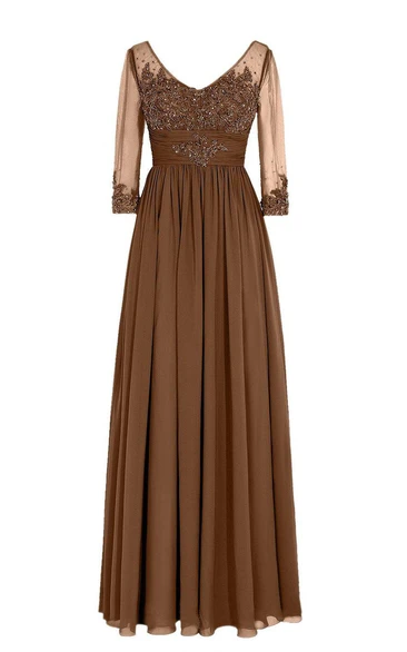 Chiffon Illusion Sleeves V-Neckline Long-Sleeved Gown