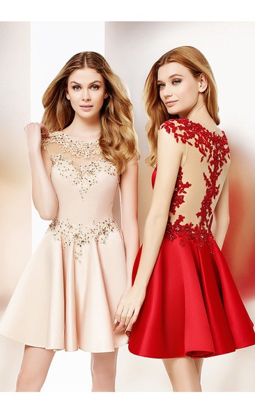 fit and flare Satin Prom Dress With Appliques