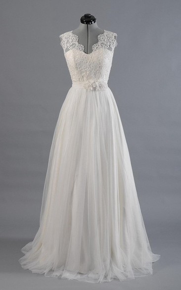 A-Line Alencon Lace Tulle Skirt. Sleeveless V-Neckline Dress