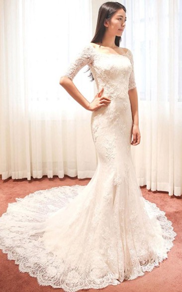 Off-the-shoulder Lace Illusion Half Sleeve Wedding Dress