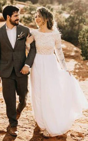 Scoop-neck Lace Top Long Sleeve Sheath Chiffon Outdoor Wedding Dress