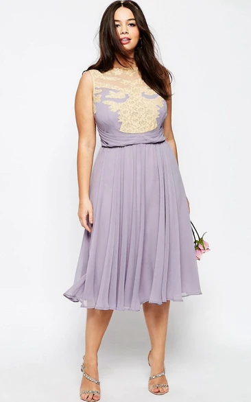A-Line Pleated Tea-Length Jewel-Neck Sleeveless Chiffon Bridesmaid Dress