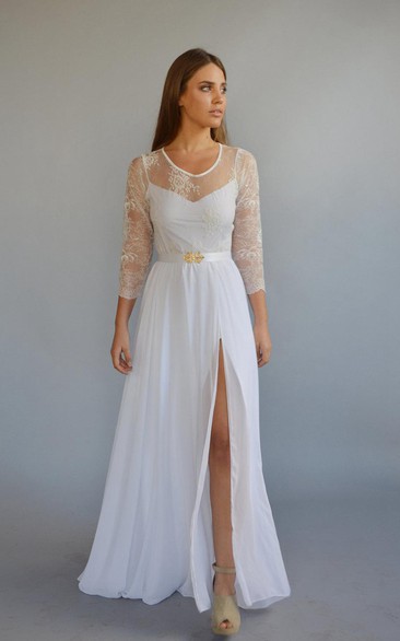 Scoop-neck Illusion Lace Long Sleeve Front-split Wedding Dress With Keyhole back