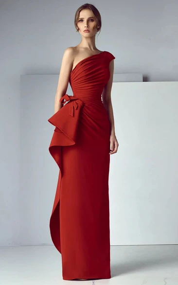 Red One-shoulder Sheath Ruched Evening Dress with Peplum