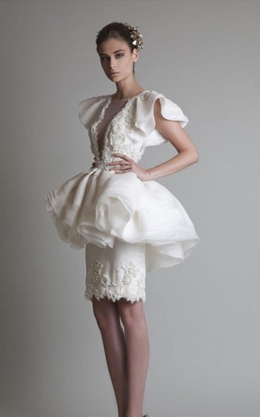 Short Sleeve Sheath Knee-length Jewel Appliques Ruffles Peplum Organza Lace Homecoming Dress