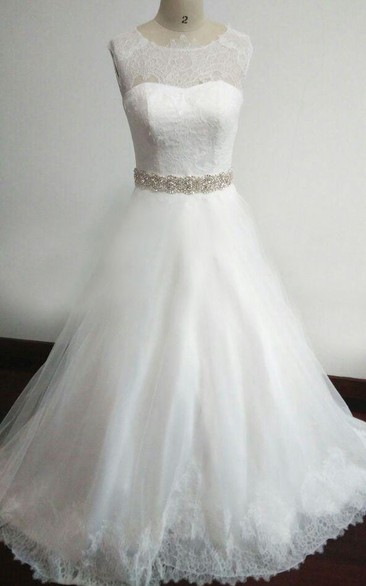 Scoop-neck Sleeveless Lace A-line Wedding Dress With Illusion And Jeweled Waist