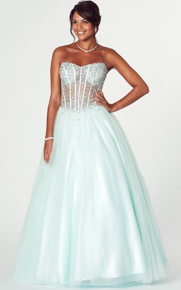 A-Line Strapless Beaded Tulle Prom Dress With Lace-Up Back
