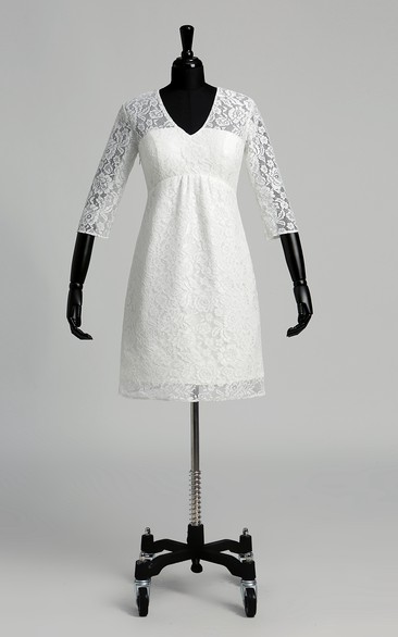 A-line Lace V-neck Knee-length 3/4 Length Sleeve Ruched Wedding Dress