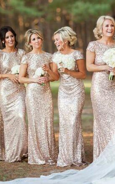 Glamorous Bateau Cap Sleeve Bridesmaid Dress With Sequins