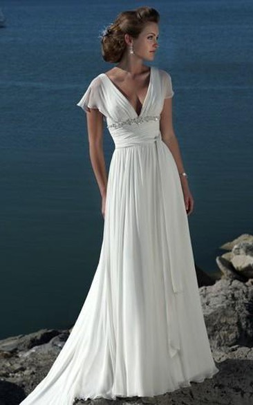 Short-Sleeves Chiffon Bridal Princess A-Line Beach Brush-Train Dress