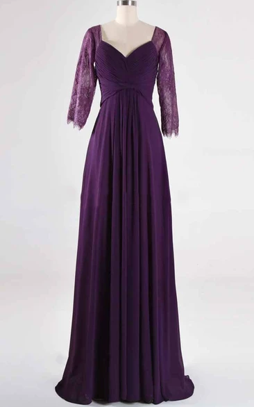Lace Half Sleeve Criss-cross ruched Chiffon Dress With Pleats And Illusion