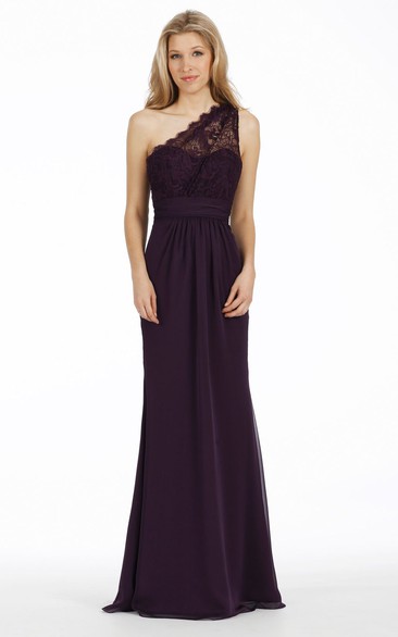 One-shoulder Sleeveless Lace Long Bridesmaid Dress With Ruching
