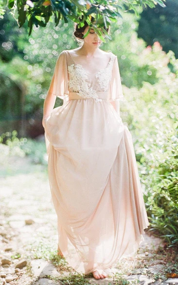 V-neck Poet-sleeve Chiffon Floor-length Backless Dress With Appliques