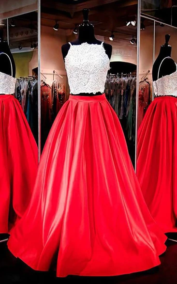 High Neck Satin Lace Sleeveless Sweep Brush Train Appliques Beading Dress