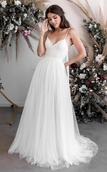 A-line Casual Ethereal Spaghetti V-neck Sexy Lace Tulle Bridal Gown With Court Train