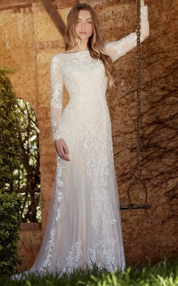 Illusion Long Sleeve Tulle Wedding Dress With Appliques 