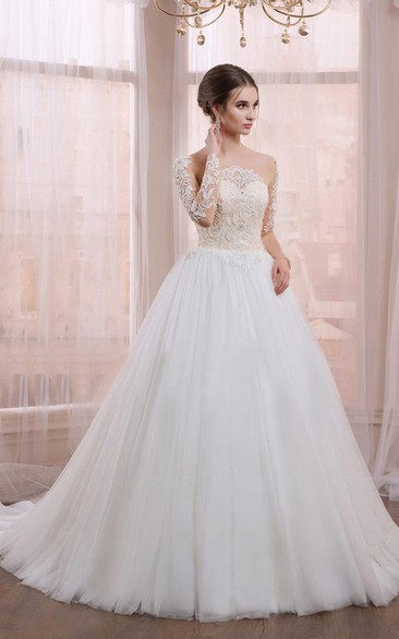 Bateau Tulle Illusion Long Sleeve Ball Gown With Appliques And Sweep Train 