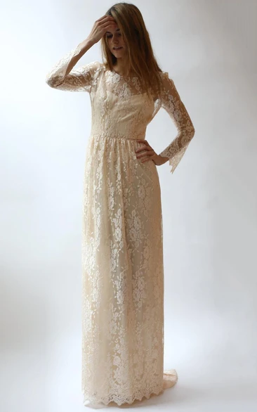 Scoop-neck Lace Long Sleeve Sheath Dress With Sweep Train