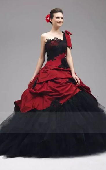 One-shoulder Ball Gown Sleeveless Taffeta Tulle Floor-length Wedding Dress with Ruching and Ruffles