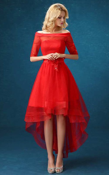 A-line High-low Off-the-shoulder Illusion Half Sleeve Tulle Dress with Appliques