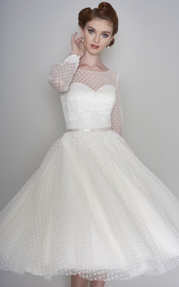 Vintage Illusion Long Sleeve Bateau Sweetheart Tulle Tea Length Wedding Dress