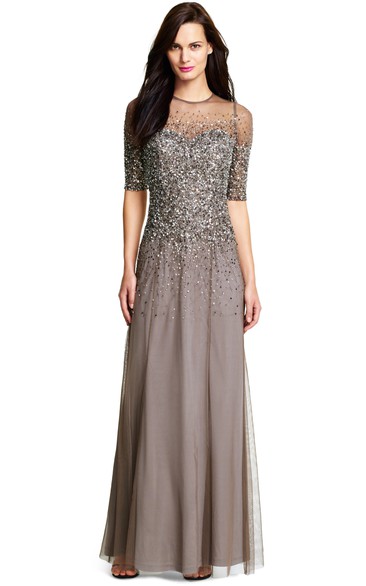A-Line Scoop-Neck Floor-Length Half-Sleeve Sequined Bridesmaid Dress
