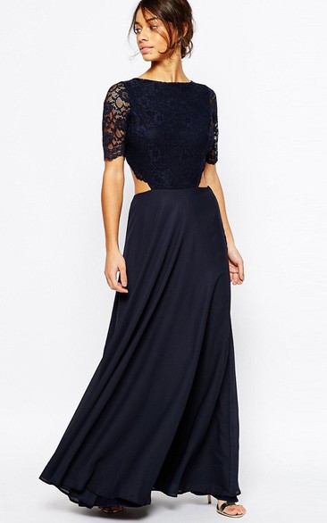 A-Line Jewel-Neck Lace Short-Sleeve Maxi Chiffon Bridesmaid Dress