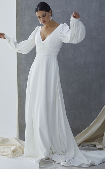 A Line Bohemian V-neck Chiffon Wedding Dress with Pockets
