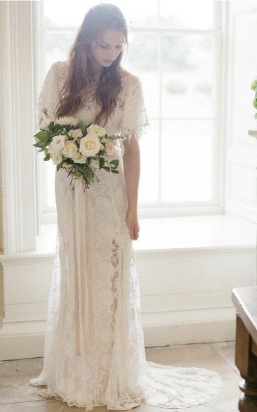 Vintage Simple Boho Beach Lace Sheath Cap Wedding Dress with Low-v Back