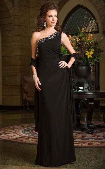 One-shoulder Sleeveless Chiffon Dress With Beading And side draping