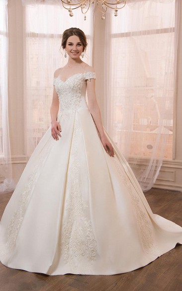 Off-the-shoulder A-line Satin Ball Gown With Appliques And Corset Back
