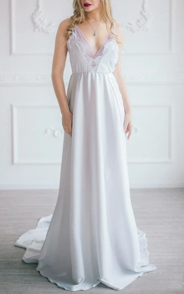 Spaghetti Plunged Sleeveless Chiffon long Dress With Lace