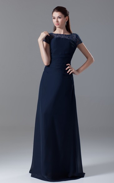 Pleated-Sleeve Crystal Bateau-Neckline Floor-Length Dress