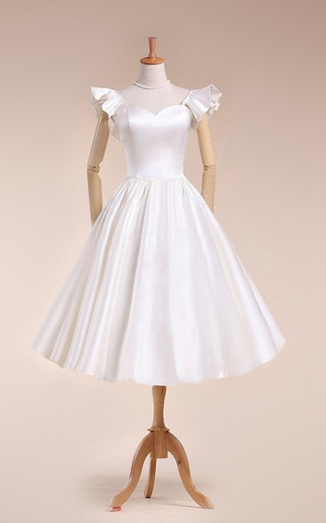 Wedding Pleated Bell Sleeve Tea-Length Scalloped Gown