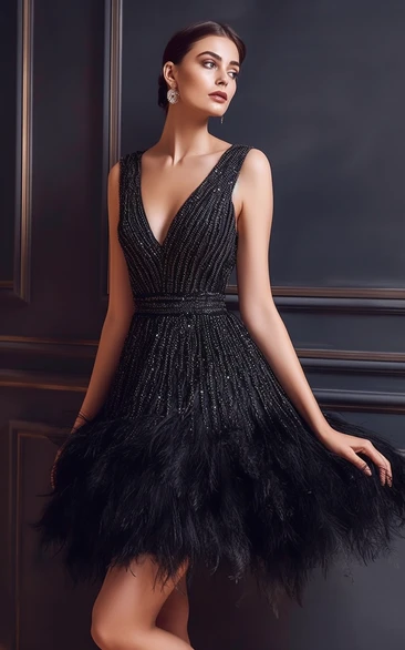 Sexy V-neck Black Empire A-line Wedding Dress with Beadings and Furs