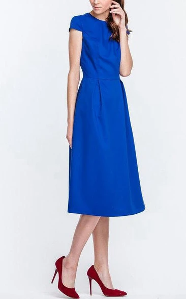 Jewel-Neck Short Sleeve Tea-length Dress With Zipper