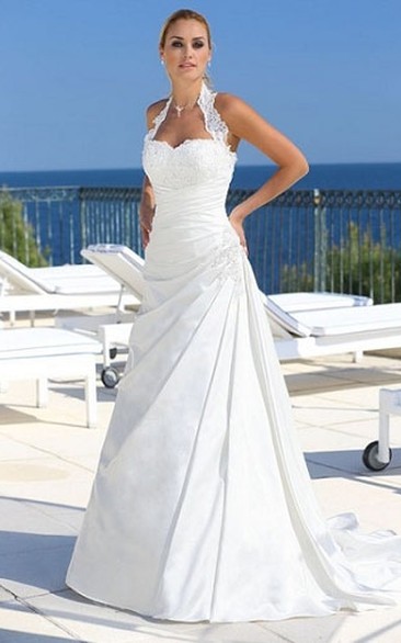 A-line Halter Sleeveless Floor-length Satin Wedding Dress with Appliques and Side Draping