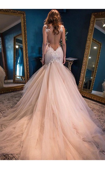 V-neck Lace Tulle  Sleeveless Wedding Dress