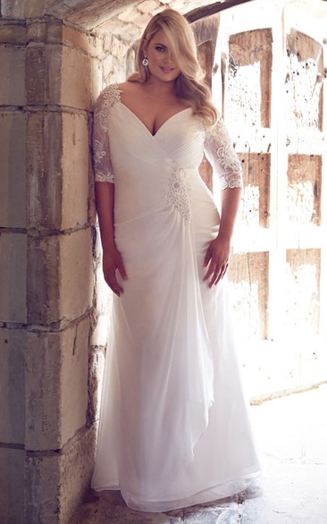 dipped-v-neck Half Sleeve central-draped Wedding Dress With Lace