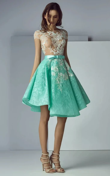 Two-Tone Cap Illusion A-line Cocktail White and Green Evening Dress